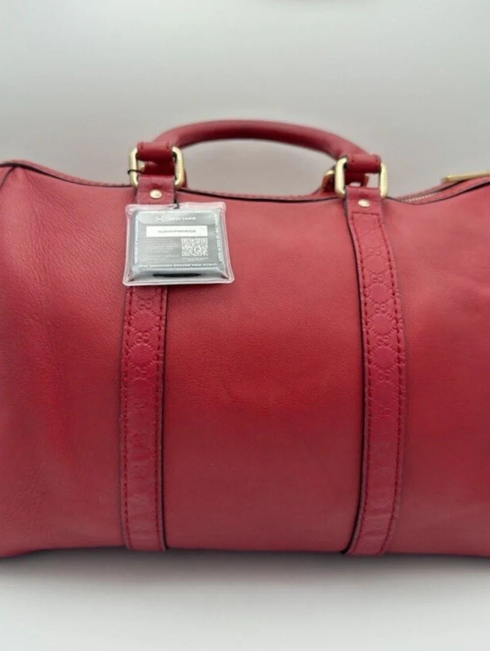 ❤️ Authentic Gucci Red Joy Boston Bag Guccissima Vertical Leather Trim GG Strap